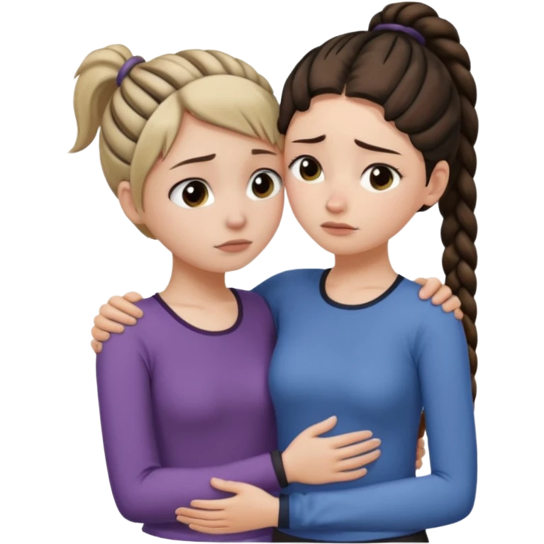 Comforting Hug two white skin women, one shorter woman with medium brown simple top ponytail, not braided, and one taller skinny sad face woman with a single long black side braid emoji