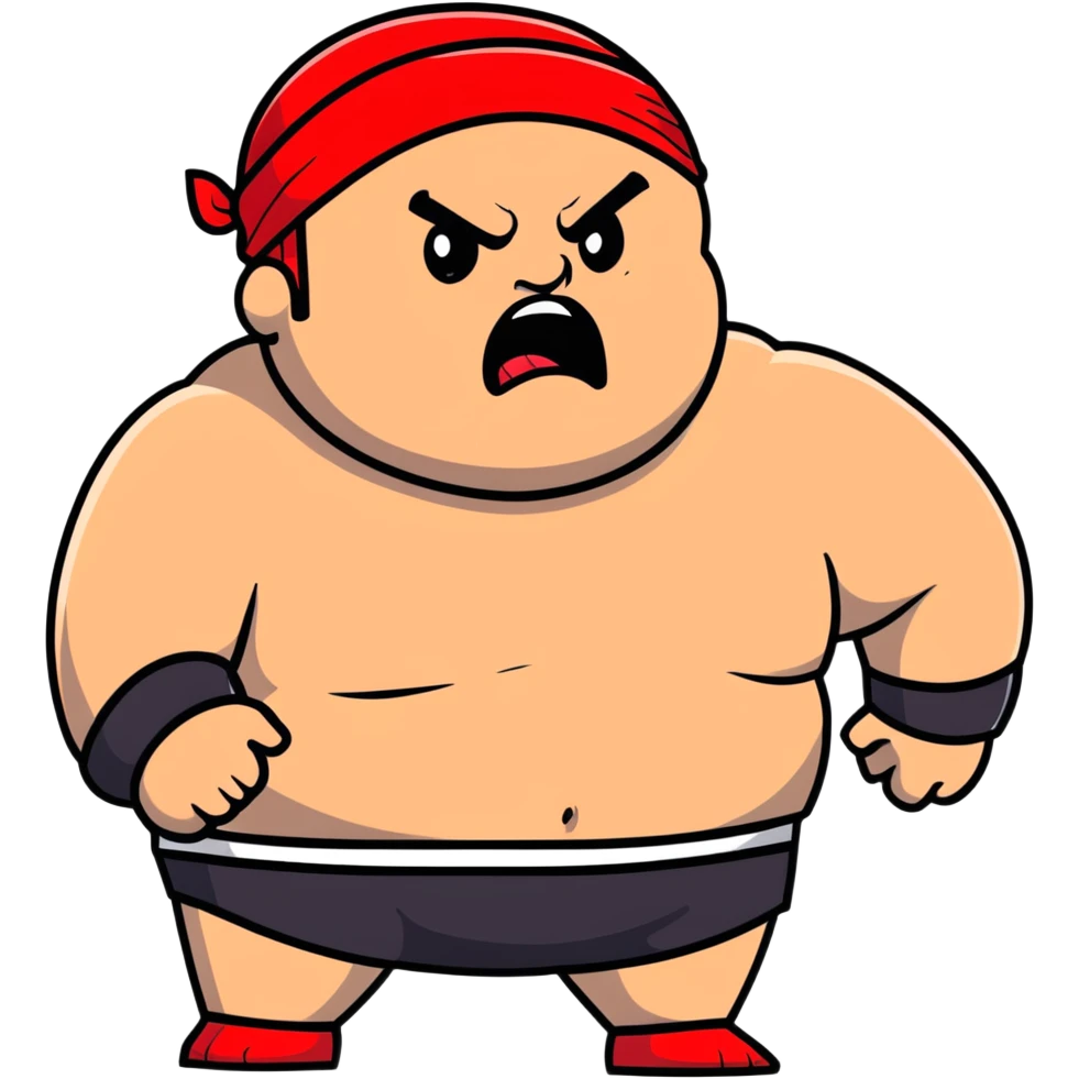 Extreme close-up of face of morbidly obese white skin guy with young face, prominent BLACK DURAG tied clearly on head, black beard but no mustache, clean shaven upper lip, black eyes in a red and black wrestling singlet with angry expression emoji