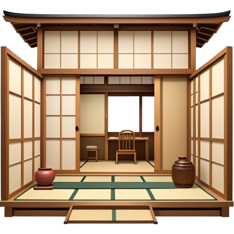 Traditional Japanese house with wooden structure, sliding shoji doors, tatami mats emoji