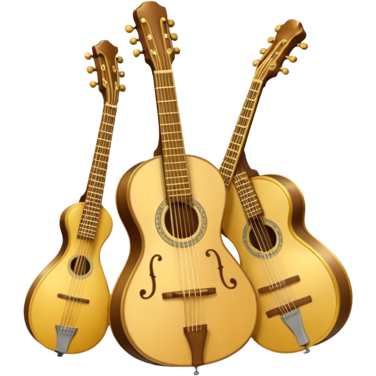 Create a ceremonial, professional coat‑of‑arms emoji featuring plucked string instruments (guitar, harp, mandolin) with visible strings and frets. Add an elegant ribbon of musical notes, gold/wood/silver colors, and a subtle regal background. emoji
