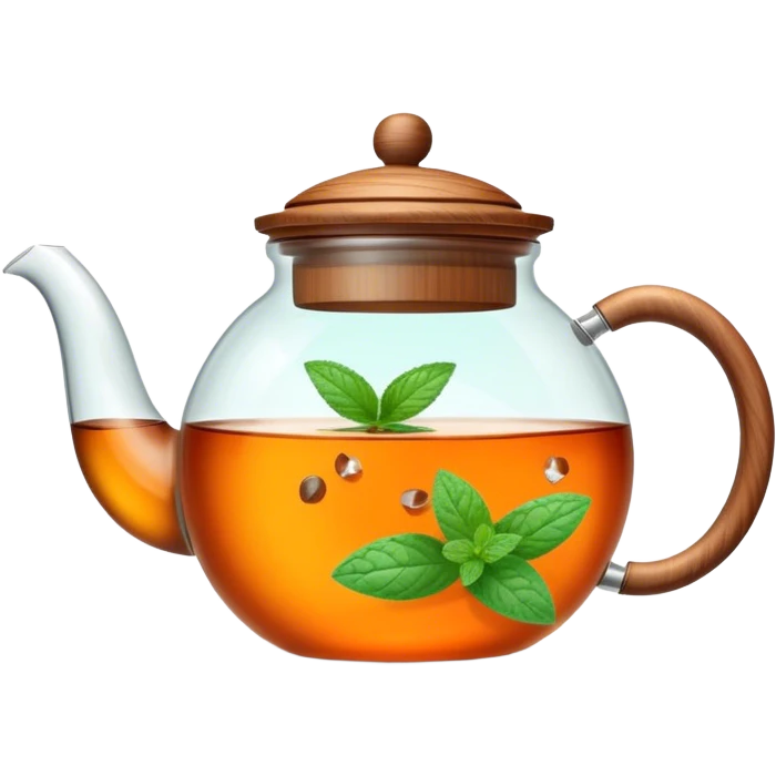 Cinematic realistic emoji depicting a transparent teapot with a realistic wooden lid filled with tea and floating in it small pieces of orange and two mint leaves, rich texture, without unnecessary decoration emoji