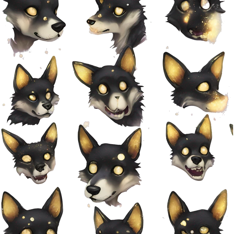 Sparkling Black iridescent dog fox zombie skeleton gold mechanical nebula galaxy stars flowers fairy lights vintage emoji
