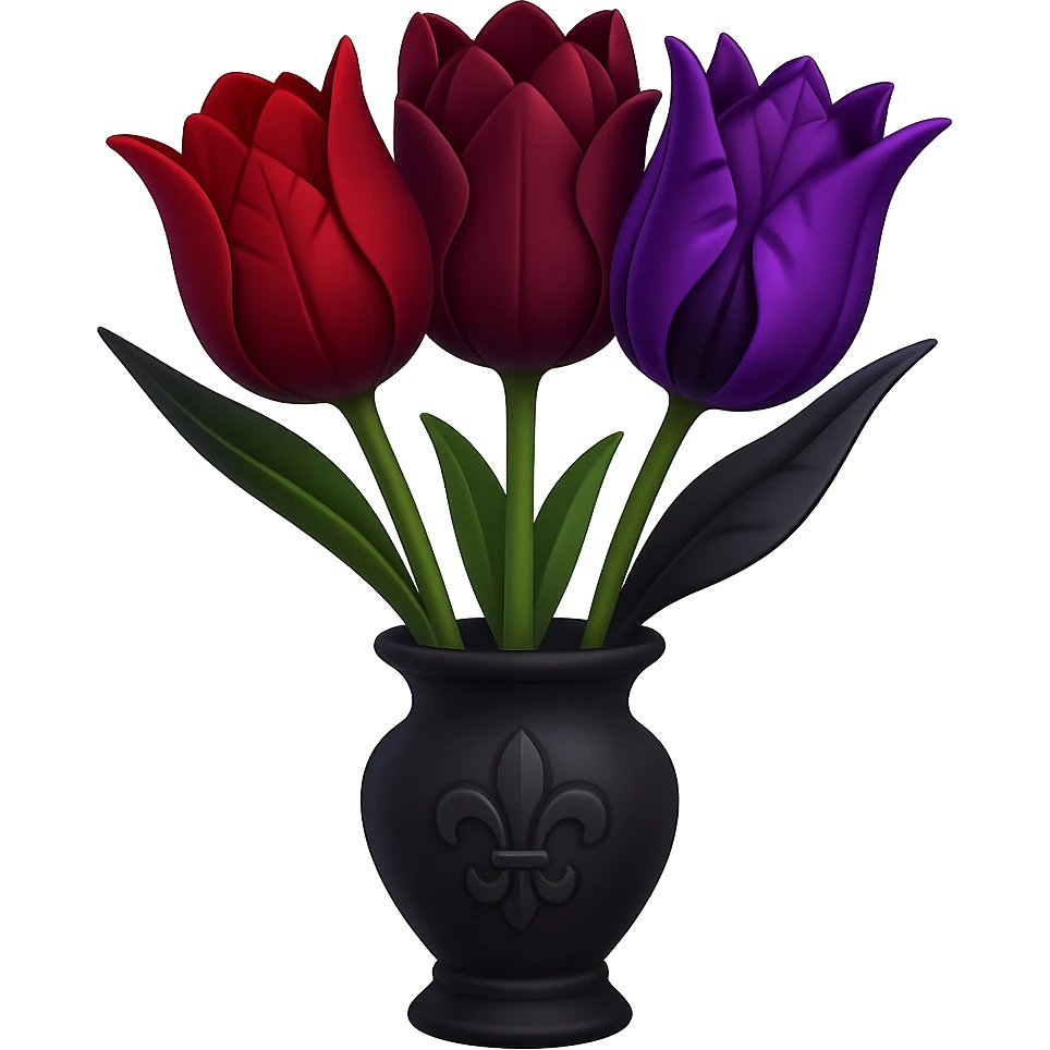 Arrange three goth tulips with gothic vases into a bouquet, keep the background transparent, in the style of apple emojis. emoji