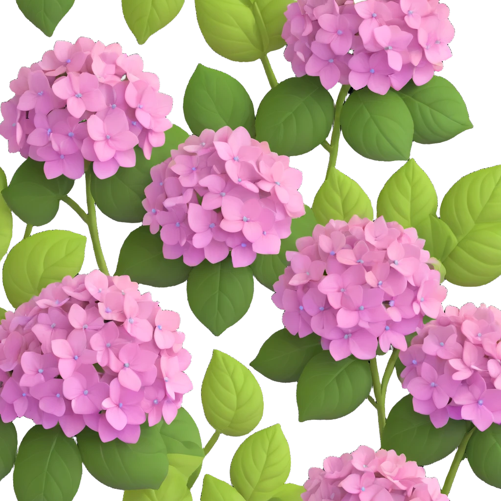 Charming hydrangea flower with kawaii style, soft rounded flower clusters in pretty pastel colors, and cute green leaves emoji