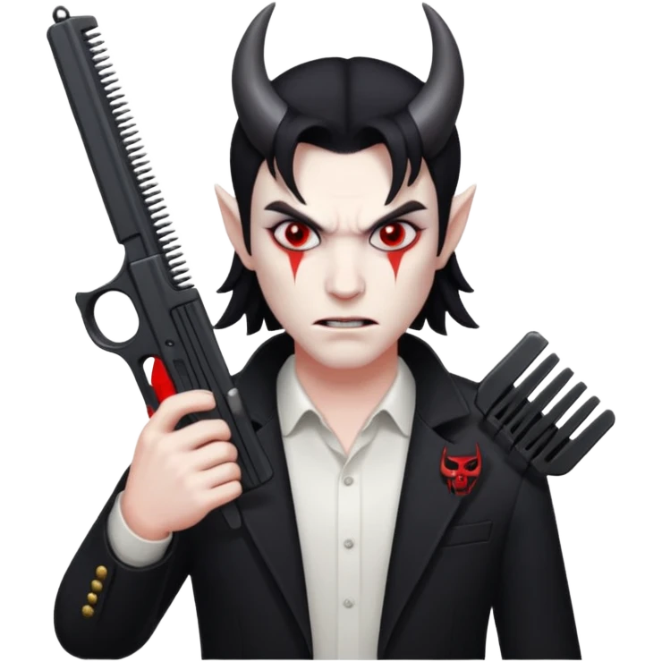 Cara de demonio con una glock y un peine largo en la mano emoji