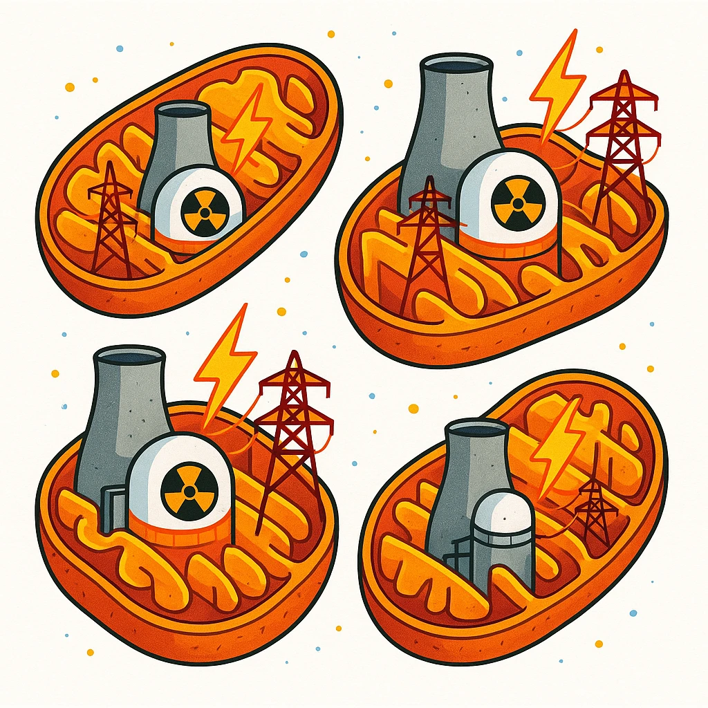 illustration of mitochondria as small nuclear power plants, no organs or jars, only mitochondria with energy production elements, creative and scientific style, bright colors, white background emoji