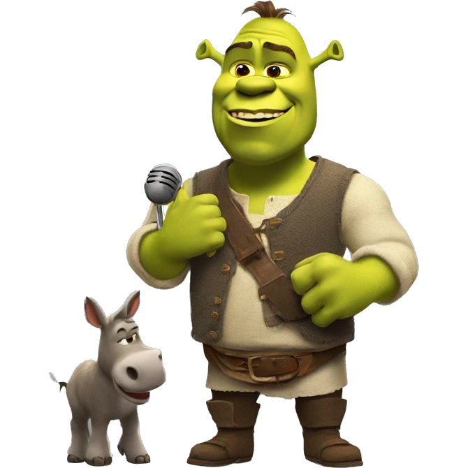 Shrek with a microphone in his hand listens to the donkey emoji