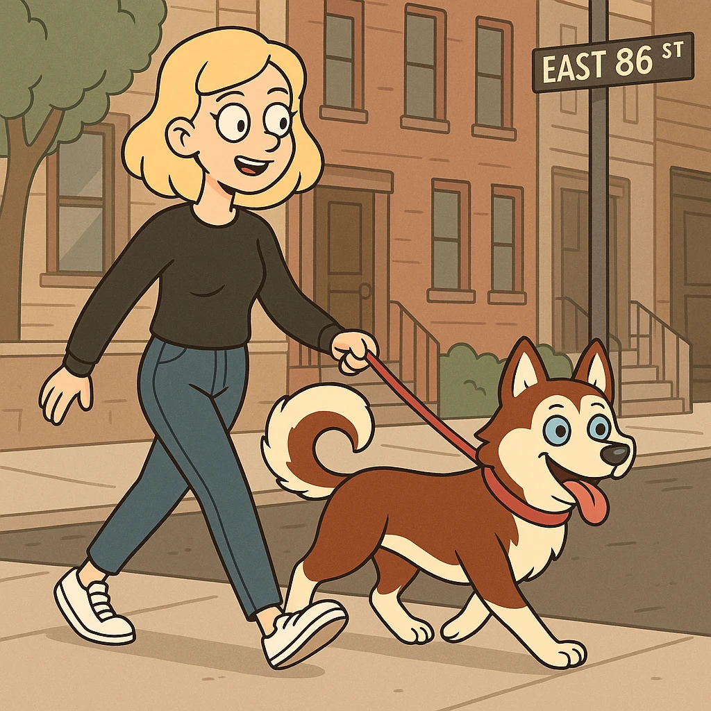 Cute Blonde woman wearing a black sweater and jeans and white sneakers walking a happy red-brown blue-eyed Siberian husky in New York City on an upper east side city sidewalk  emoji