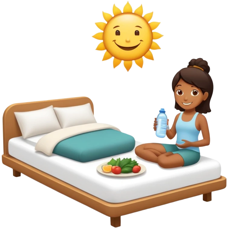 A person in the sun, with a plate of whole foods, water bottle, and glowing bed behind them. Nearby, smiling friends gather—symbolizing balance, healing, and connection through simple daily rituals. emoji