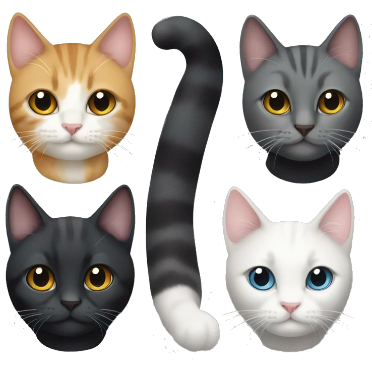 Four cats: two all black cats, a tabby cat, and a white and grey cat emoji