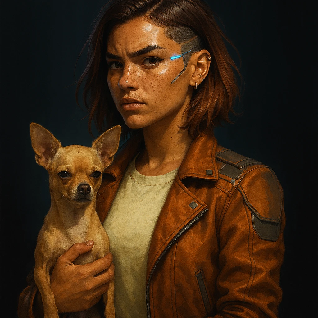 Futuristic style portrait of a rebellious woman with tanned skin and freckles, wearing a #FFF8CA shirt and rust jacket, mid-length brown auburn hair, holding a beige-brown chihuahua, dark background. emoji
