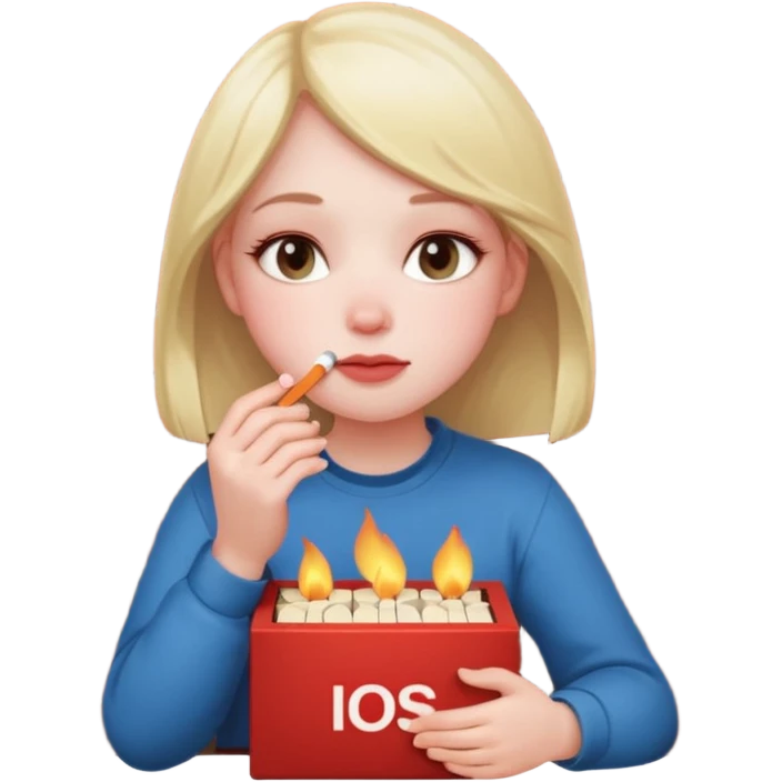 A fragile girl sitting beside a wall, clutching a box of matches, lighting one to warm her cold rosy cheeks.
 emoji