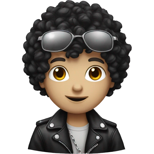 pale boy black curly hair dressed in biker style emoji