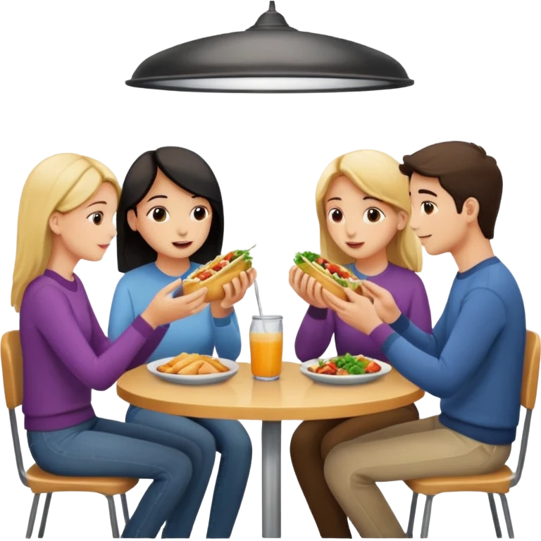 friends eating lunch, face each other, indoor, three people emoji