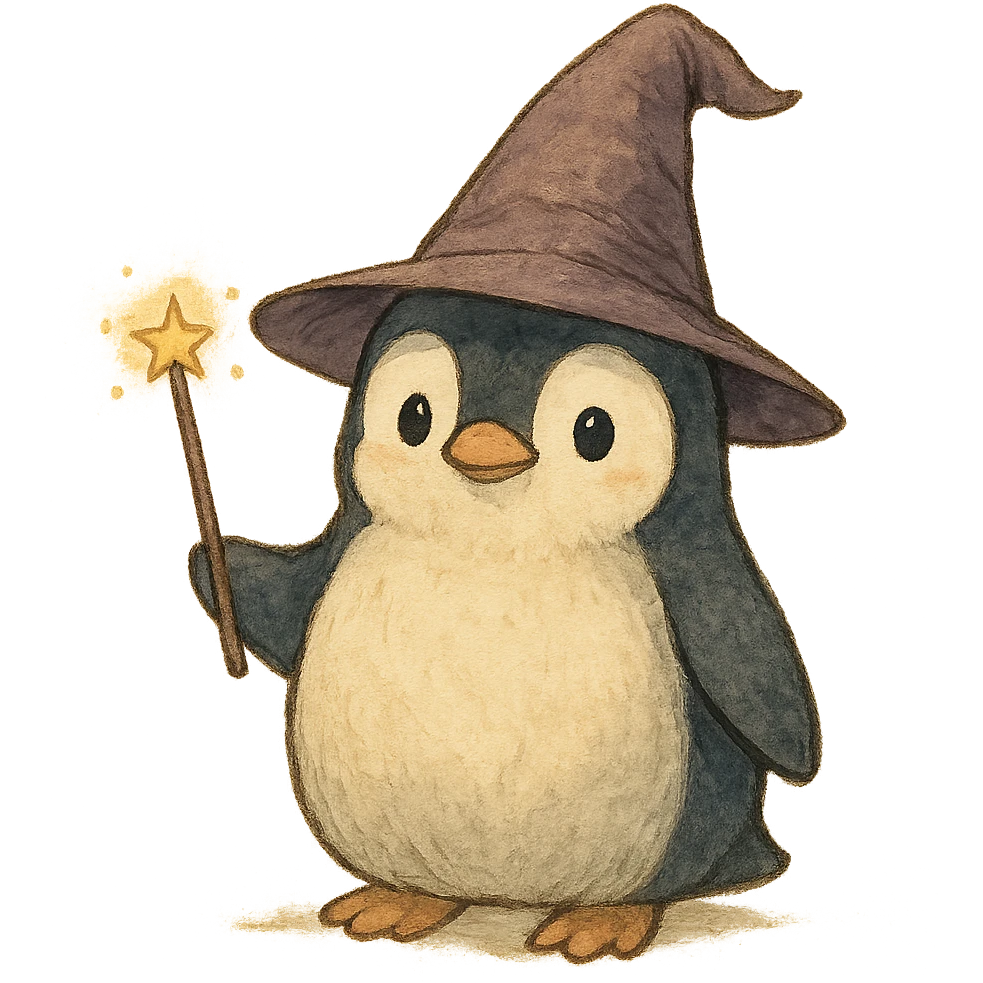 a cute penguin wizard with a pointy hat and a magic wand, ghibli style emoji