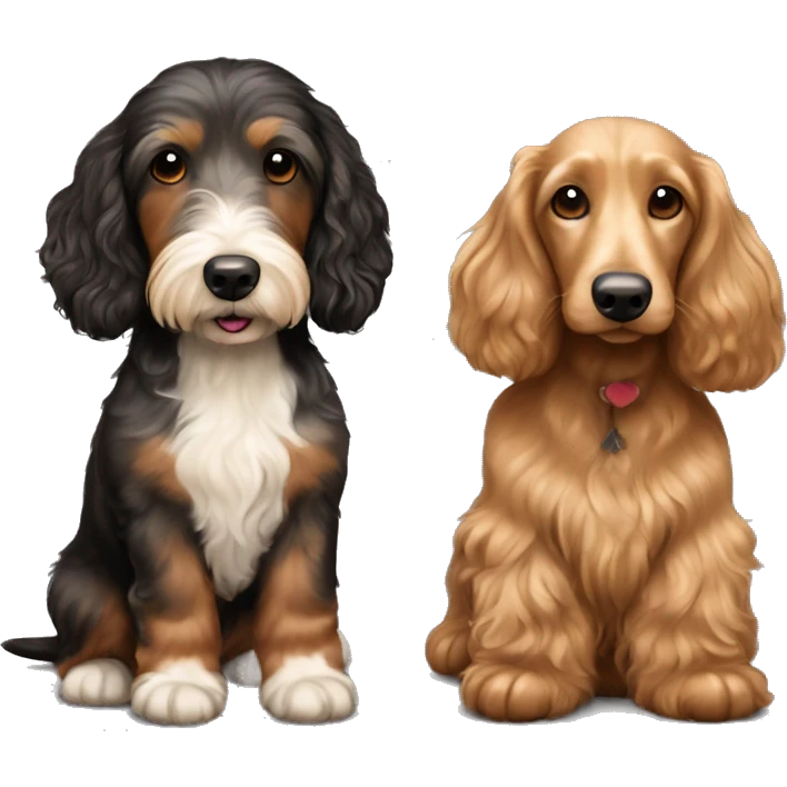 Brown golden doodle and black and tan and cream longhair dachshund sitting together  emoji