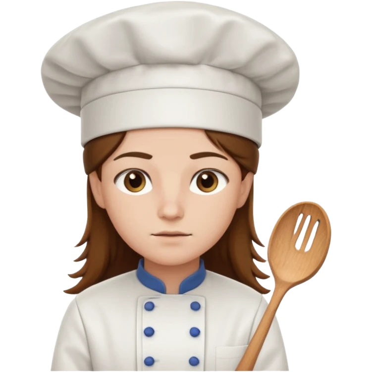 Long brown hair, serious, wearing chef uniform and chef hat emoji
