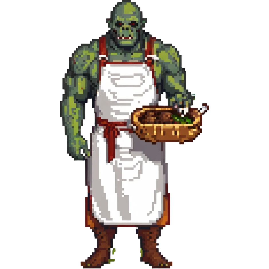 orc male Apron with "Kiss the Cook" (scratched out, replaced with "Fear the Cook"), giant rib bone as a weapon. emoji