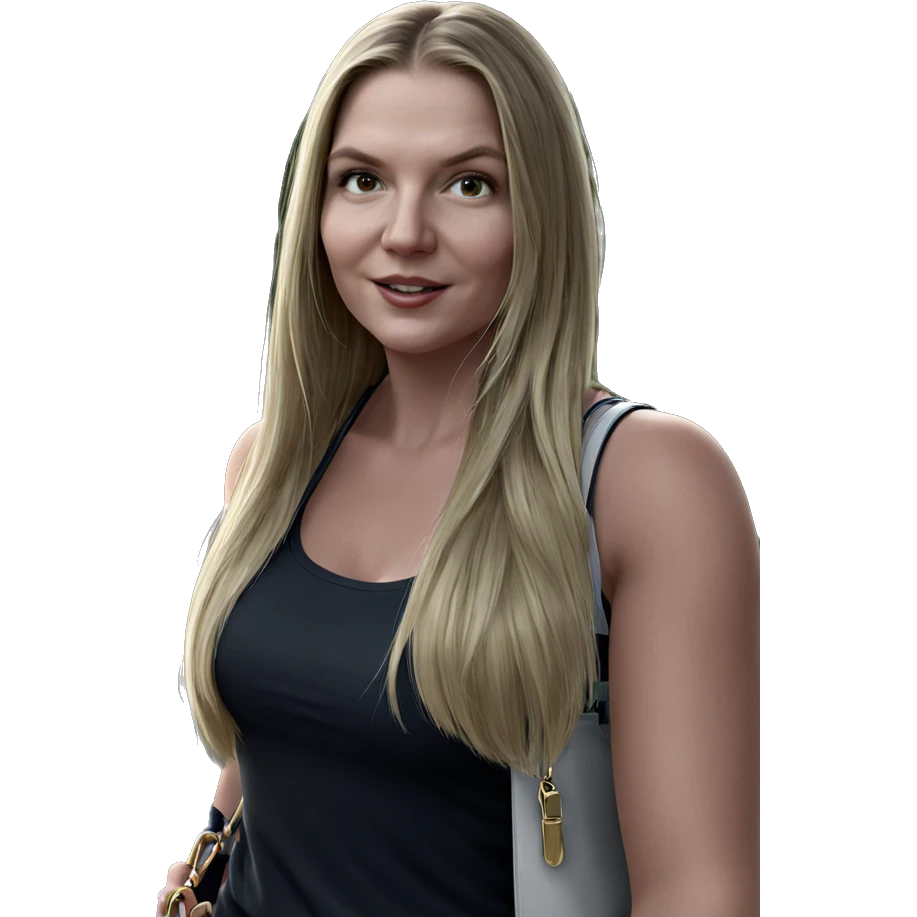 blonde girl outdoors with handbag emoji