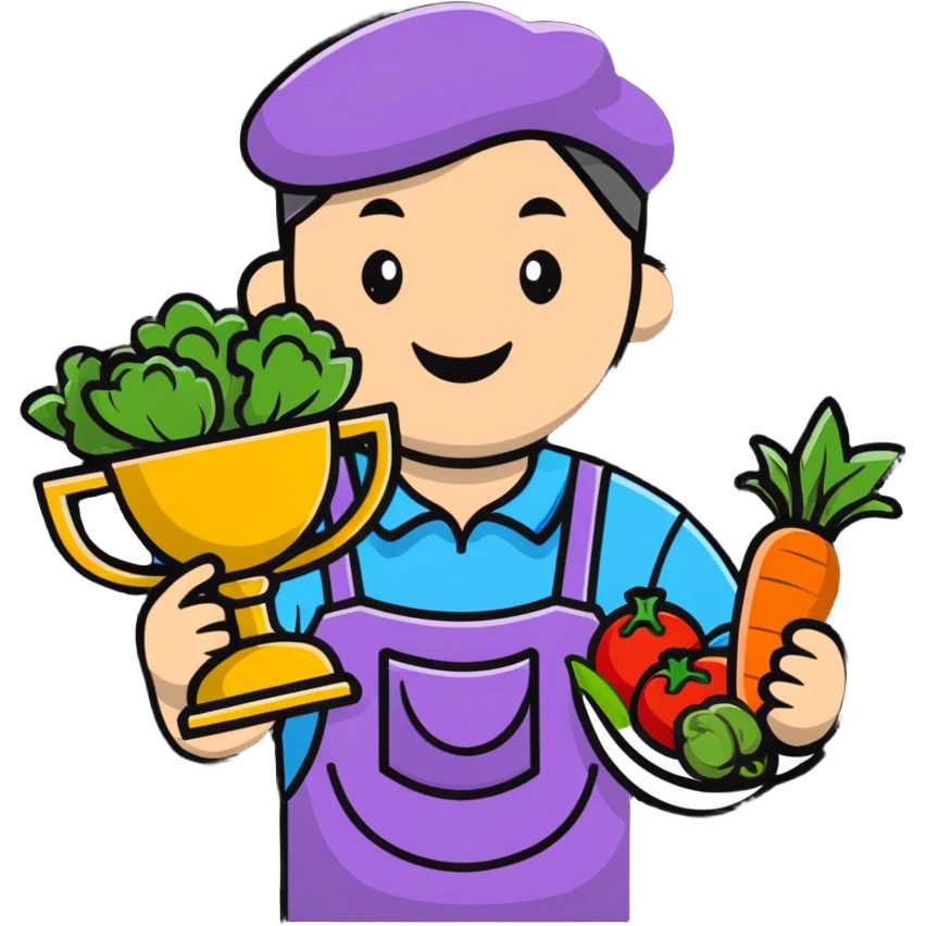 Happy gardener with trophy and prize vegetables emoji
