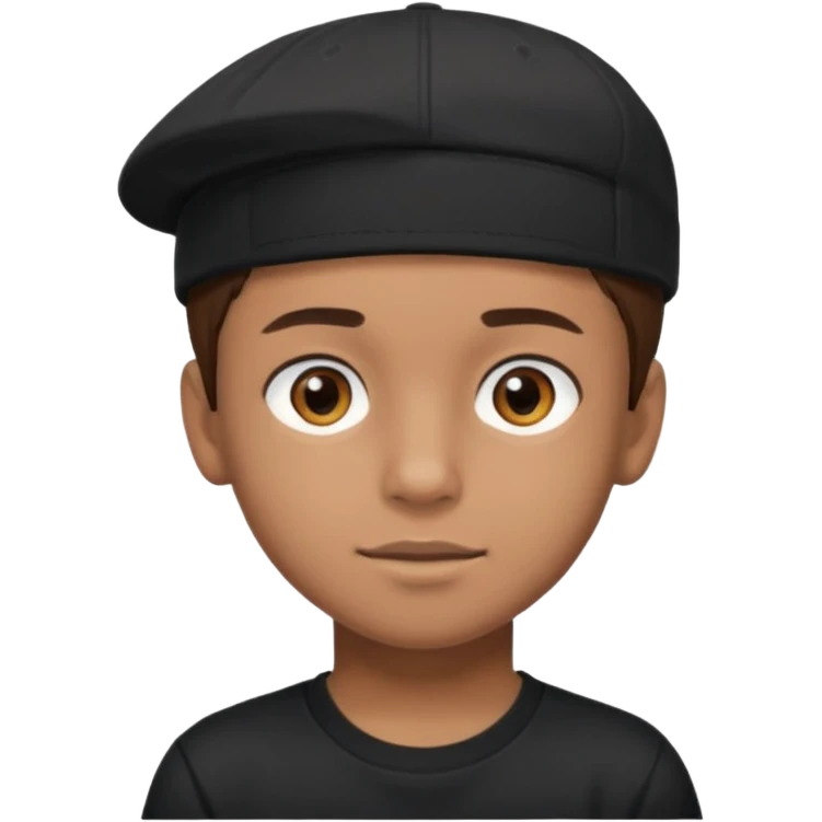 Băiat cu ochii căprui, păr brunet, piele cafeniu deschis, haine șapcă și tricou negru  emoji