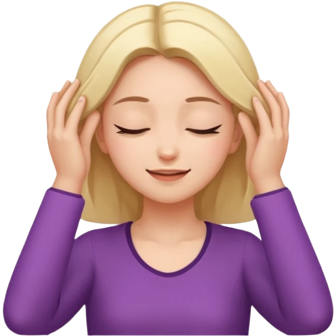 The girl with her eyes closed holds her temples with both hands and smiles slightly emoji