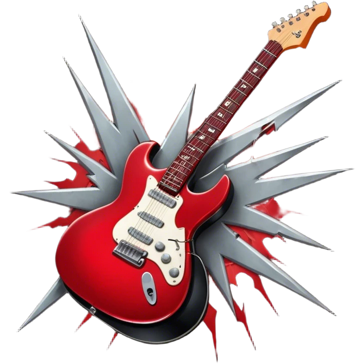 Create a fierce and edgy emoji representing hardcore rock vocal performance in a humanless collage. The design should feature a vintage microphone at the center, surrounded by a menacing, distorted electric guitar with sharp, aggressive angles. Add crossed drumsticks behind the microphone to symbolize the rhythm and power of the drums. Include subtle elements like lightning bolts, flames, or jagged sound waves to evoke the raw energy and intensity of hardcore rock. Use dark, intense colors like black, red, and silver, with a metallic, gritty finish to convey the rebellious, aggressive spirit of the genre. The background should be transparent. emoji
