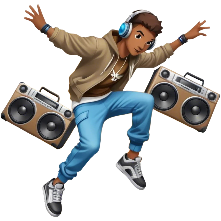 Icon for Street Dance: a dancer in urban streetwear performing a dynamic lower breakdance move, with a spray-painted background, headphones, and a boombox on the asphalt. The icon should capture the energy, style, and creativity of street dance culture. Transparent background. emoji