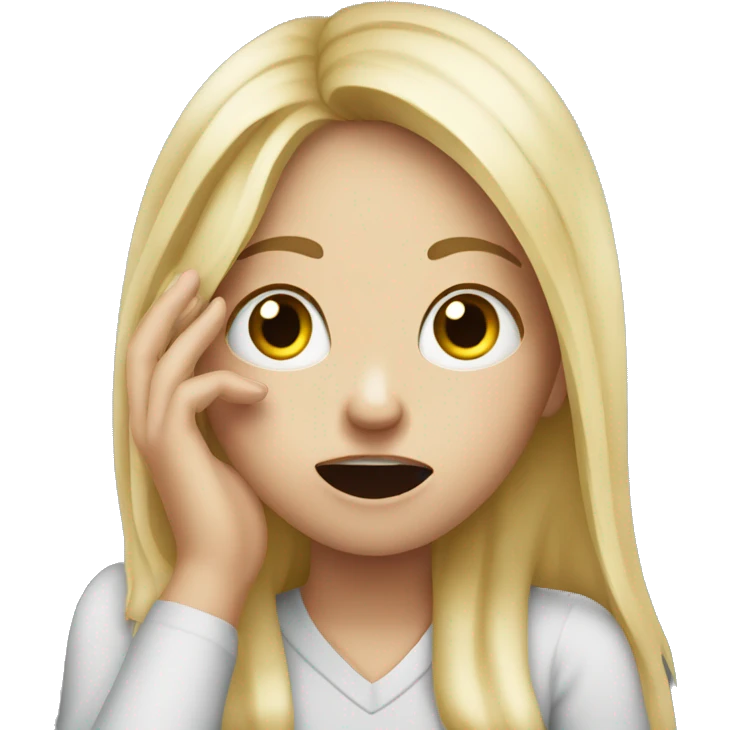 confused blonde girl with open mouth and finger on cheek emoji