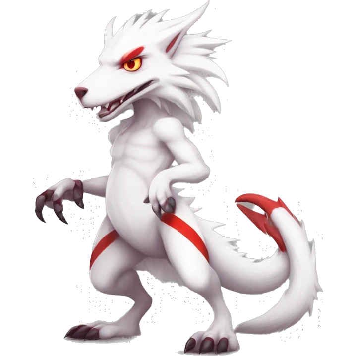 White edgy cute badass epic anthro modern albino sergal-vernid-Fakémon with red mane and red eyes with red edgy stripes, full body emoji