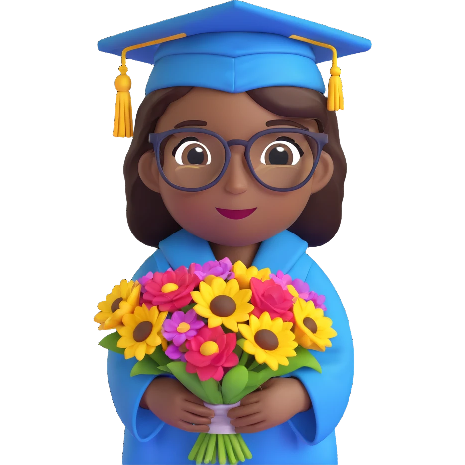African American graduate emoji, with glasses, holding a bouquet, in cap and gown emoji