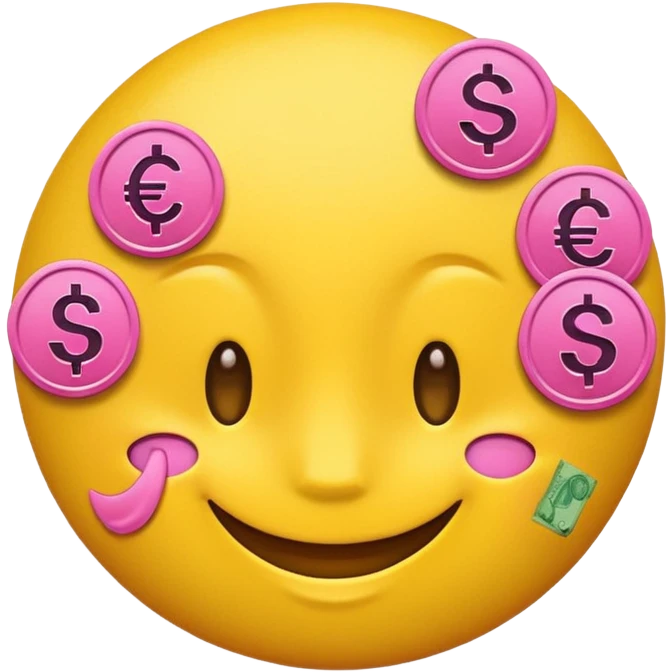 smiling yellow round emoji with pink money signs as eyes, winking emoji