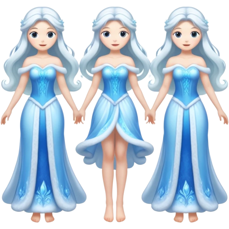 An ice Snow Maiden character with two arms and two legs, full body, front view, back view, side view, three-quarter view, consistent character design, translucent ice material, winter fairy tale style. emoji