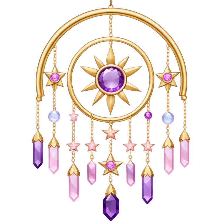 Epic Hanging gold suncatcher, threads with shiny sparkly amethyst and rose-quartz gemstones, flowers, moons, stars, gradient colors emoji