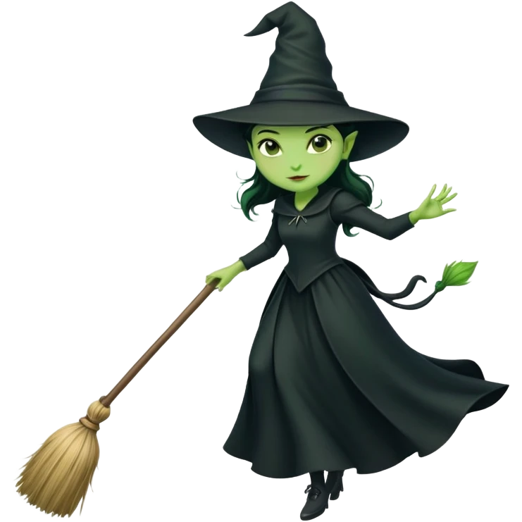 Elphaba, green witch with black hat and long black dress riding a broomstick emoji