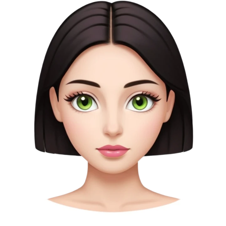 Front-facing portrait of a young woman with fair glowing skin, symmetrical features, light green almond-shaped eyes, long lashes, soft arched brows, straight refined nose, and full natural pink lips. Dark sleek hair pulled back with a middle part.  emoji