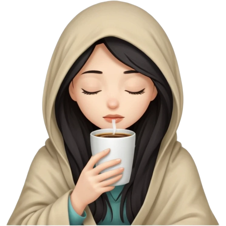pale raven haired girl inside a blanket over her head sipping coffee eyes closed emoji