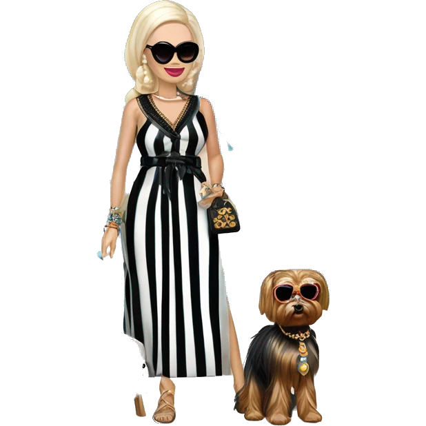 Palm Beach Breeze Barbie Wednesday Addams ,by the pool, white skin, full body visible, wavy hair,handbag, earrings,vertical-striped caftan,small 2 piece, sunglasses,heels,holding yorkie Miss Thang emoji