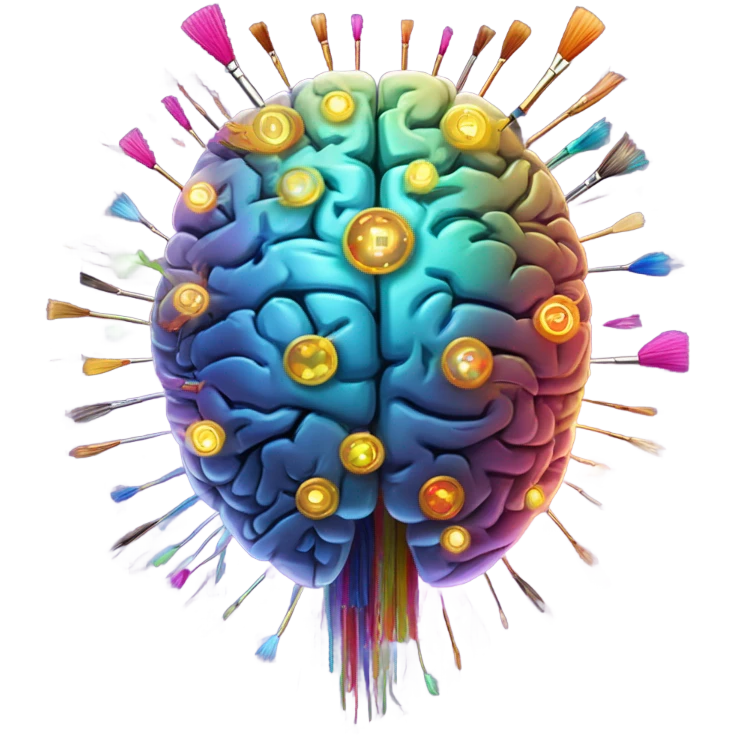 "Glowing brain with orbiting paintbrushes, radiating colorful sparkles, circuit patterns inside emoji