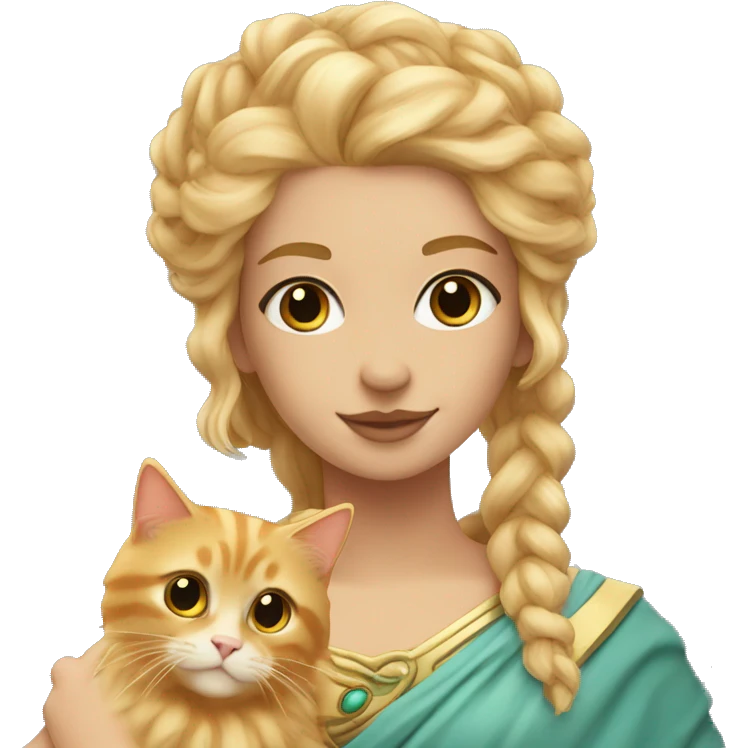 Goddess Hera with blond hair holding a ginger Siberian cat emoji