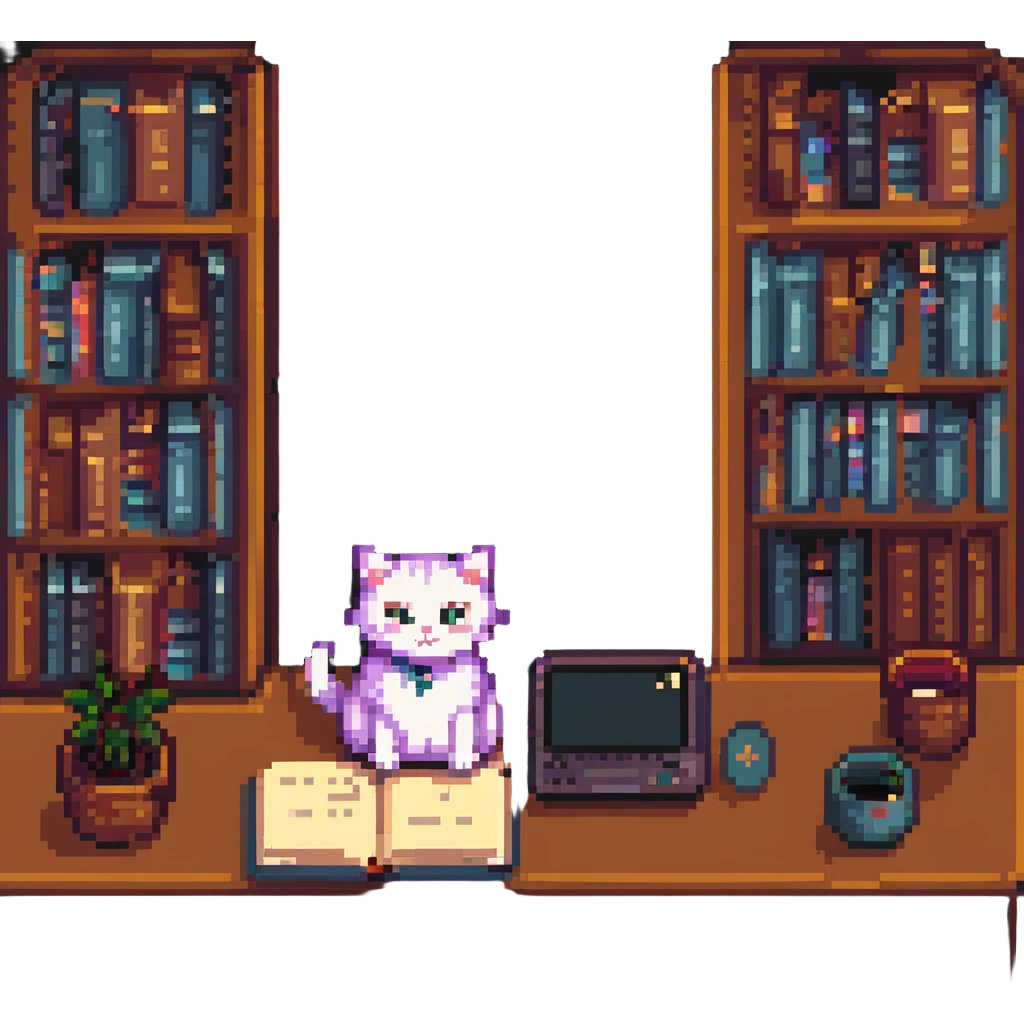a desk with a cat, books, and computers in pixel art style, daytime scene emoji