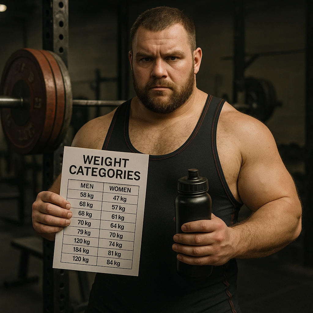 Powerlifter in weight room, holding a weight category chart and a water bottle, determined gaze, preparation atmosphere, realistic details, gym background emoji