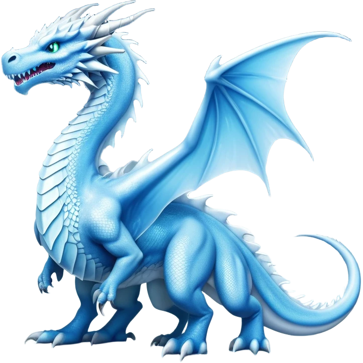 Cinematic Noble beautiful  Ice Dragon full body Emoji, Poised and imposing, distinct long elegant snout, with a slender, scaled body shimmering in glacial hues of icy blue, frostbitten silver, and crystalline white, breathing out frost, with piercing, glowing eyes that radiate the chilling depths of an arctic storm; rendered in detail. displaying its wings emoji