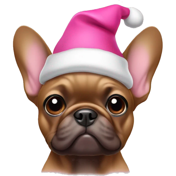 Brown frenchie with a pink Christmas hat emoji