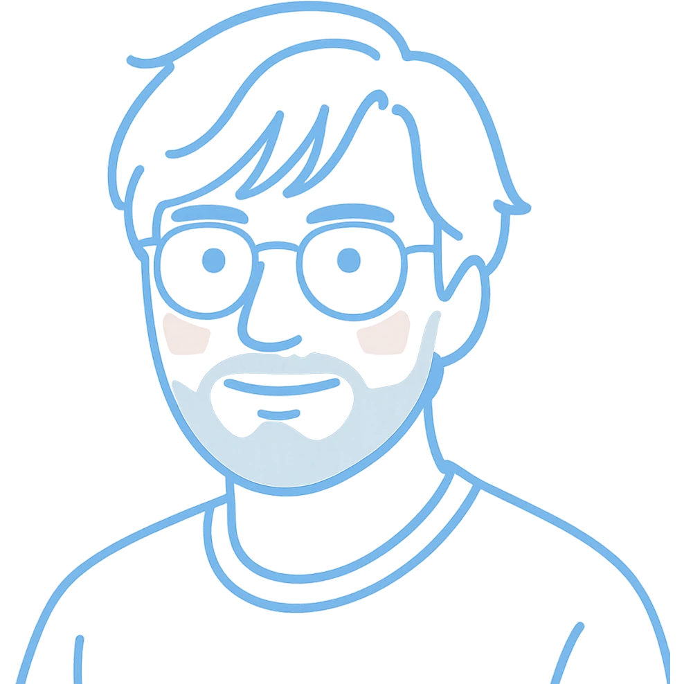A man with round glasses, artfully messy longer hair with stylish sweeping bangs, a round but defined face shape, and a broader nose. Use lighter blue for all the outlines and features, a touch of pink highlights only on the cheeks for a natural flush, and gray exclusively for the short beard and necessary shadows. emoji