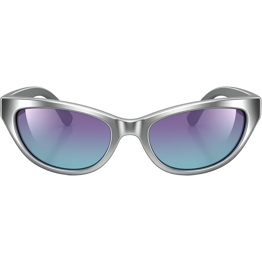 futuristic wraparound sunglasses, chrome silver frame, narrow lenses, sharp cat-eye angular shape, reflective gradient lenses, Y2K fashion, high gloss, centered, clean white background, soft shadow, high detail emoji