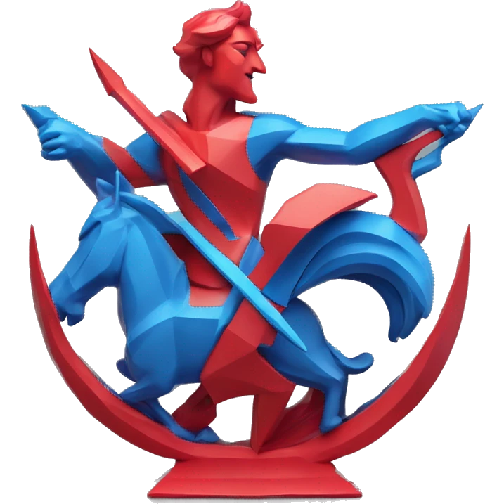A Sagittarius sculpture with a geometric, faceted design. The Sagittarius is standing upright with angular and baroque features. The vibrant red with blue accent flame colors highlights the sharp edges and planes. emoji