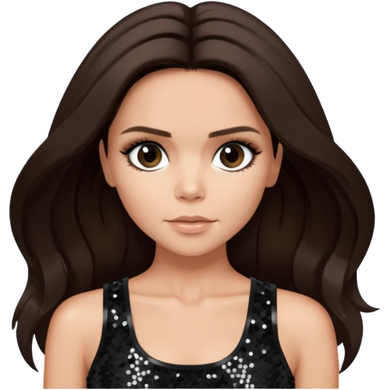Victoria Beckham with dark brown hair, black sequin crop top emoji