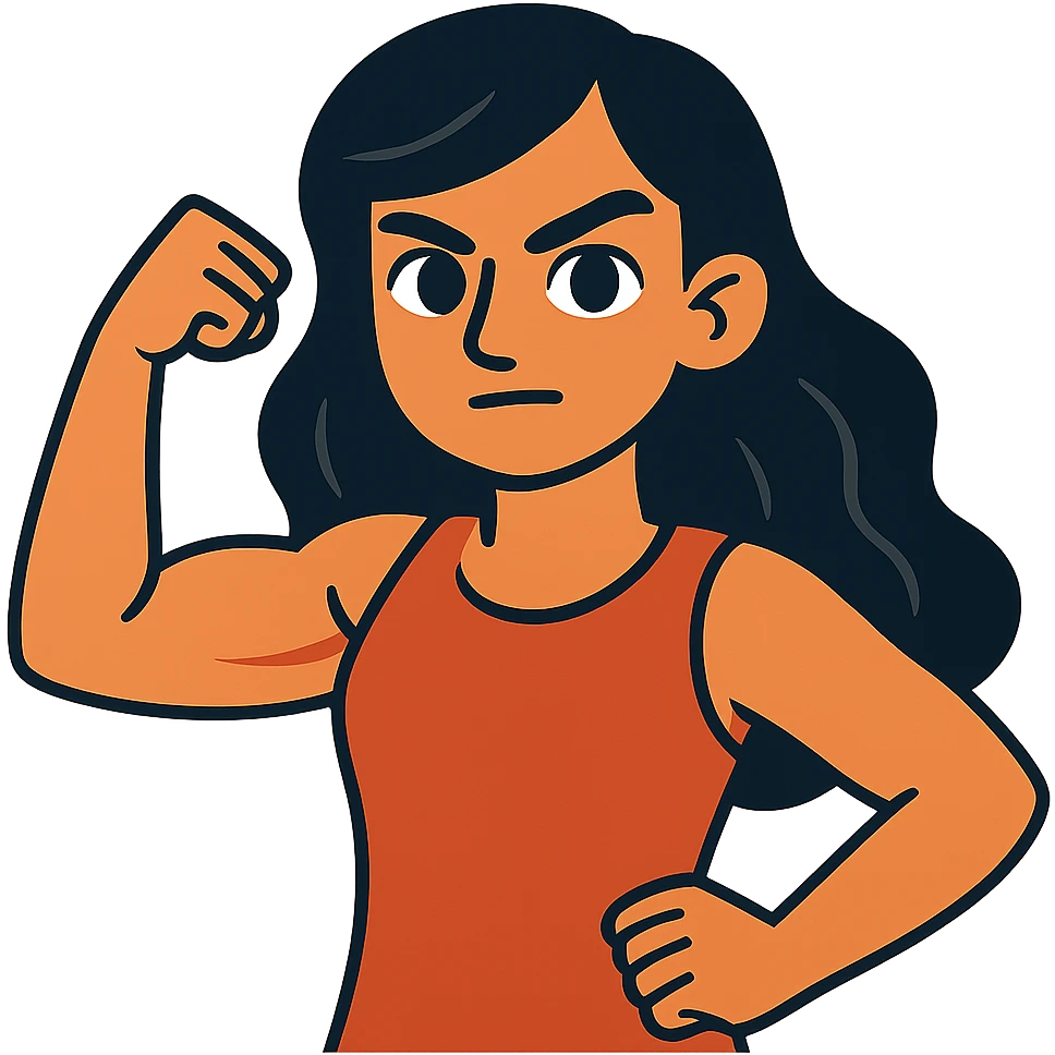 strong girl with brown eyes, flesh-colored skin, long slightly wavy black hair emoji
