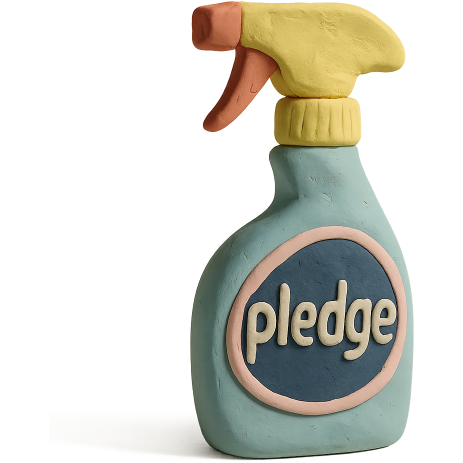 claymation style Pledge-inspired furniture polish bottle with a spray nozzle, playful arrangement, pastel palette emoji